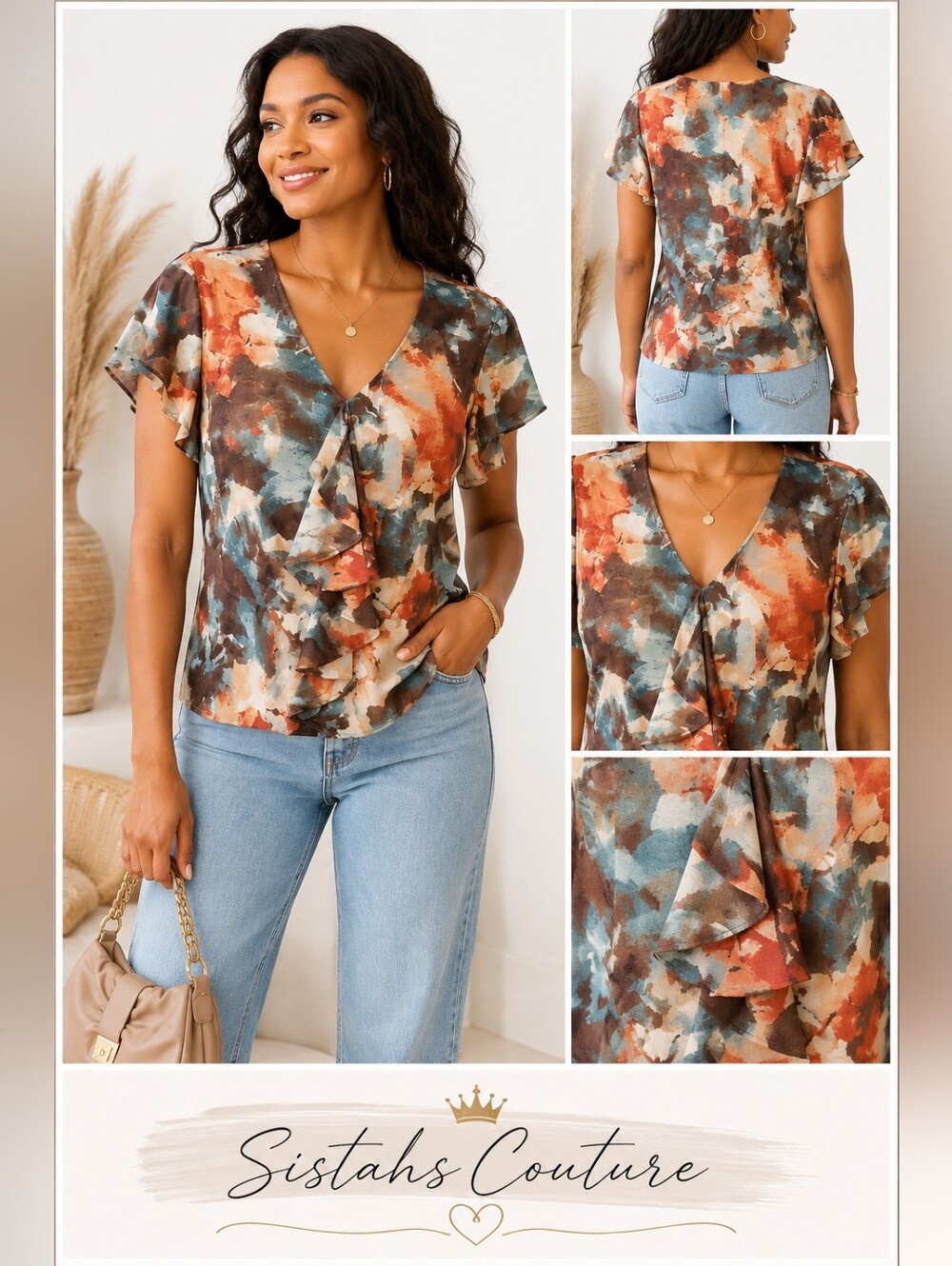 Evan-Picone Watercolor Floral Ruffle Blouse | V-Neck Flutter Sleeve Top